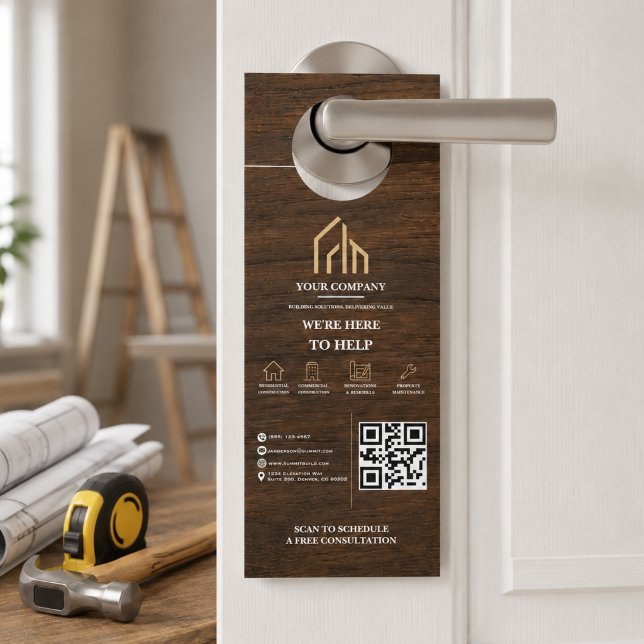 Moderne houtnerf QR-code constructie (Modern Wood Grain QR Code Construction Door Hanger
)