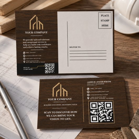 Moderne Houtnerf QR-code Constructie Feestdagenkaart