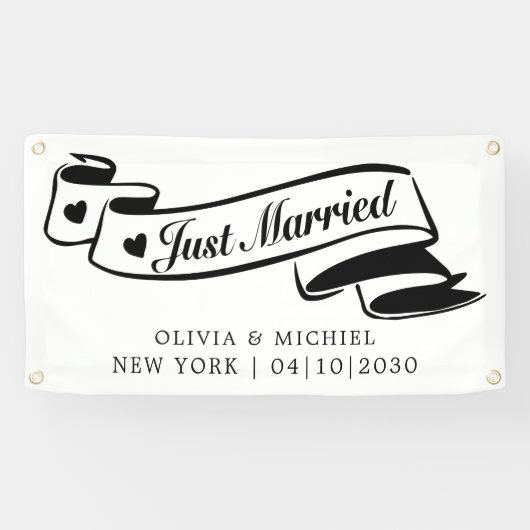 Moderne Huwelijksauto Met Hart 'Just Married' Bann Spandoek (Horizontaal)