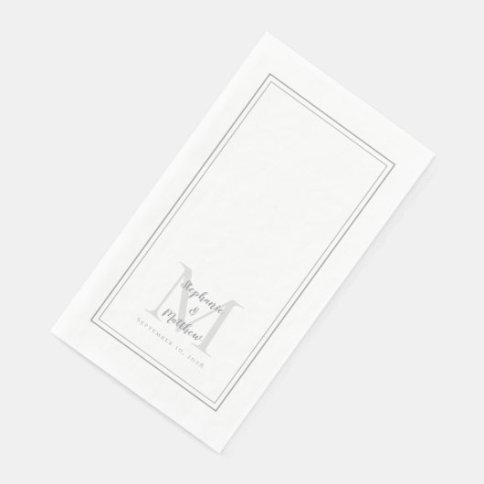 Moderne huwelijksmonogram Namen en datum grijs din Servet (Hoek)