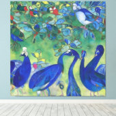 Moderne Impressionist Blauwe Peacocks op Canvas (Insitu (Houten vloer))