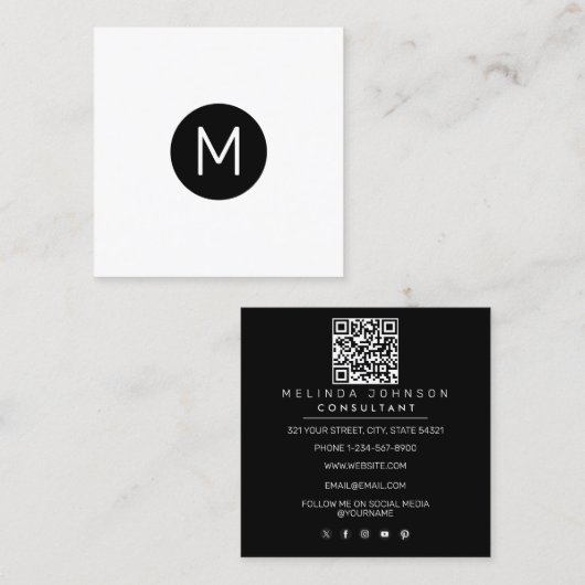 Moderne Initiaal minimalistische QR Code Professio Vierkante Visitekaartje (Voorkant / Achterkant)
