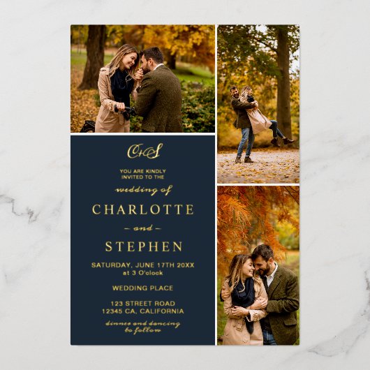 Moderne initialen 4 foto's op het net folie uitnodiging (Voorkant)