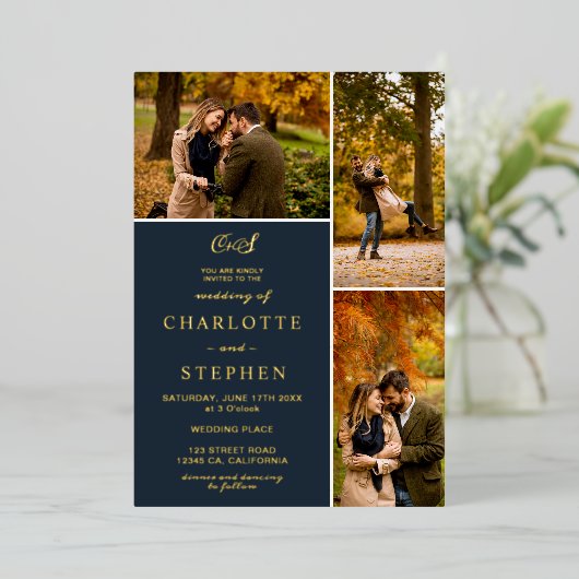 Moderne initialen 4 foto's op het net folie uitnodiging (Staand Voorkant)