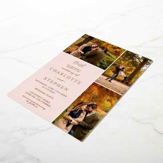 Moderne initialen 4 foto's raster bruin roze folie uitnodiging (Gedraaid)