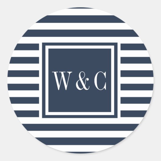 Moderne Initialen Monogram Navy Blauw Wit Streep Ronde Sticker (Voorkant)