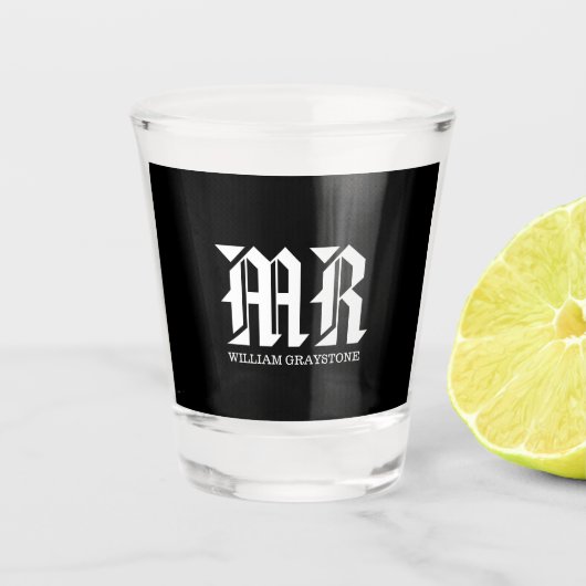 Moderne Initialen voor zwart-wit monogram MR Shot Glas (Voorkant)