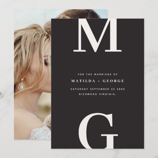 Moderne initiële grafische typografie foto bruilof save the date (Voorkant / Achterkant)