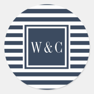 Moderne initiële monogram marineblauw witte streep ronde sticker