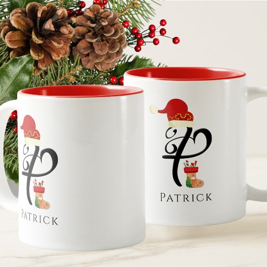 Moderne initiële typografie naam letter P Kerstmis Tweekleurige Koffiemok