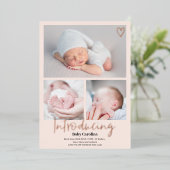 Moderne introductie roos roze 3 foto's baby geboor folie uitnodiging (Staand Voorkant)