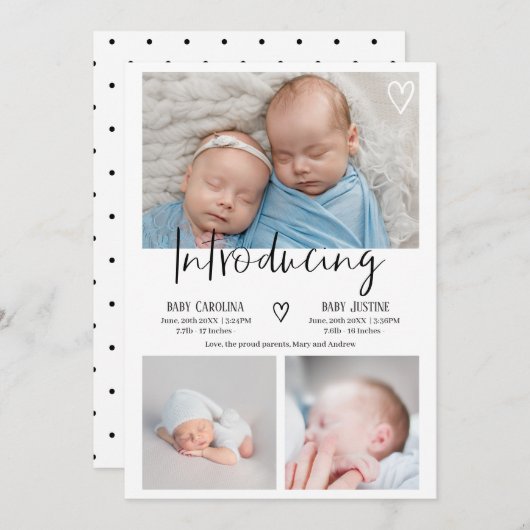 Moderne introductie script 3 foto baby tweeling ge aankondiging (Voorkant / Achterkant)