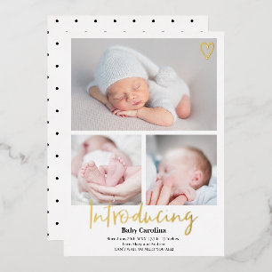 Moderne introductie zwart wit 3 foto's baby geboor folie uitnodiging