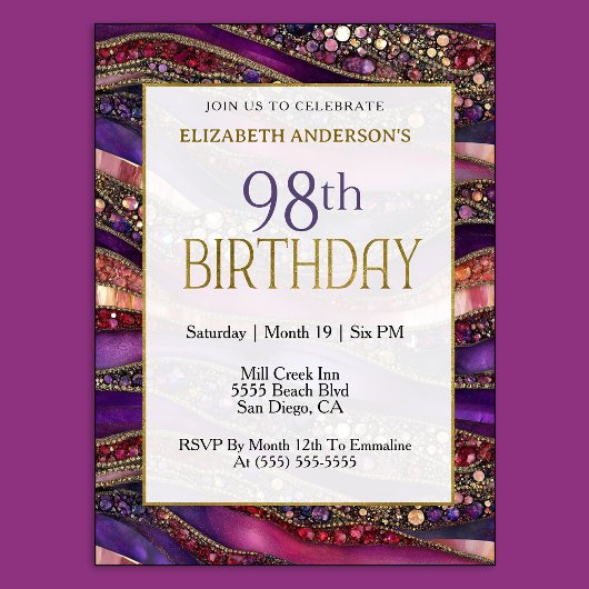 Moderne Invitation Anniversaire 98 Ans Or Violet B