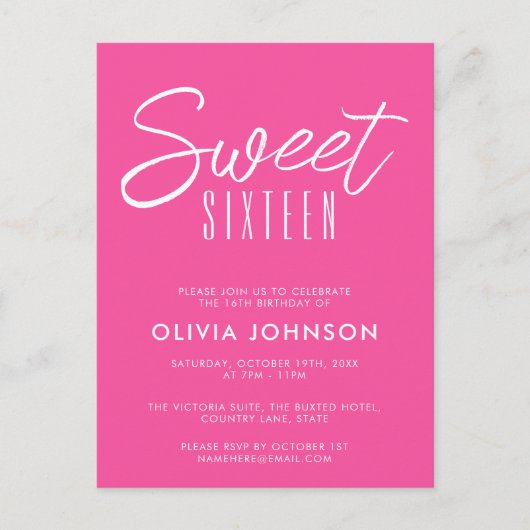 Moderne invitation d'anniversaire 16 ans rose vif (Devant)