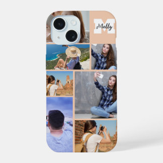 Moderne iPhone-hoes met 7-foto-collage en naammono iPhone 15 Hoesje
