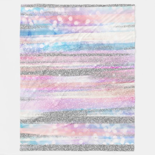Moderne Iridescent & Silver Glitter Strokes Stripe Fleece Deken (Voorkant)