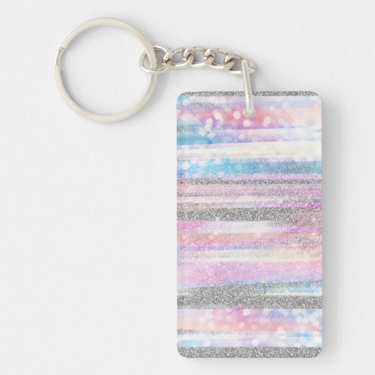 Moderne Iridescent & Silver Glitter Strokes Stripe Sleutelhanger (Voorkant)