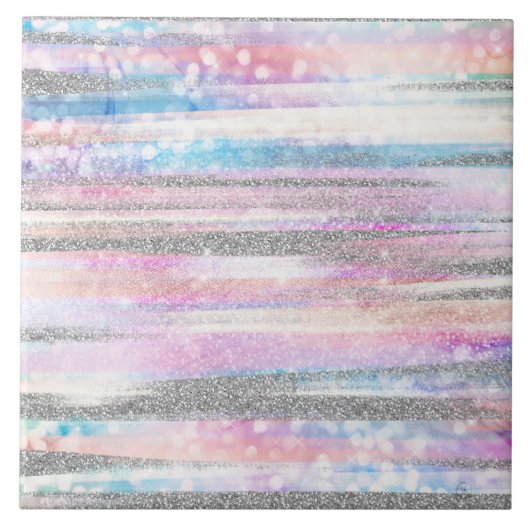 Moderne Iridescent & Silver Glitter Strokes Stripe Tegeltje (Voorkant)