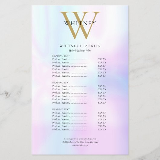 Moderne Iridiserende Monogram Salon Service Menu (Voorkant)
