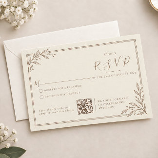 Moderne Ivoren Bloem Bladeren Rand QR Code Bruilof RSVP Kaartje