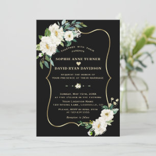 Moderne Ivory White Flowers Roos Gold Black Weddin Kaart