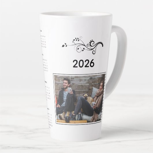 Moderne Jaar 2026 Fotokalender met Foliage Latte Mok (Rechterhoek)