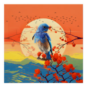 Moderne Japanse Natuur Vogel In Bloesem Landschap Perfect Poster