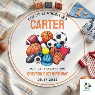 Moderne Jongens Sportballen All Star 1st Verjaarda Ronde Sticker