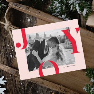 Moderne JOY kerstfotokaart   Vet rood en roze Briefkaart