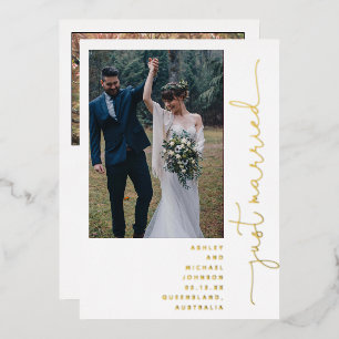 Moderne Just Married Ontvangst Alleen 2 Foto Goud  Folie Uitnodiging