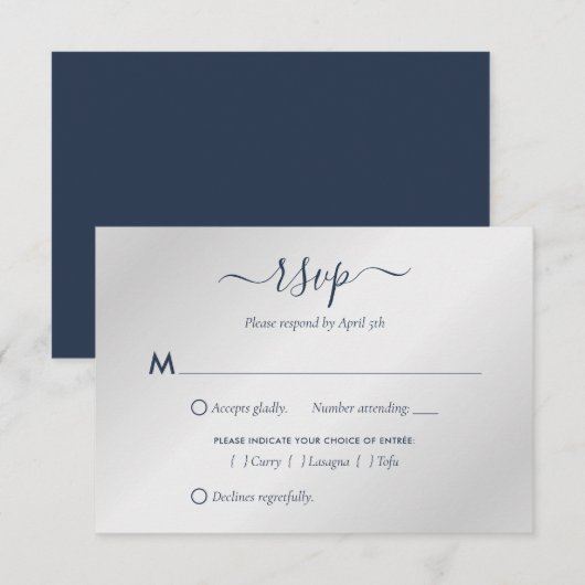 Moderne Kaarten van Navy Blue en Silver Wedding RS RSVP Kaartje (Voorkant / Achterkant)
