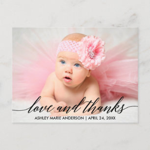 Moderne kalligrafie Baby Liefde en Dank Foto Briefkaart