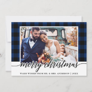 Moderne kalligrafie blauwe ruit huwelijksfoto feestdagenkaart