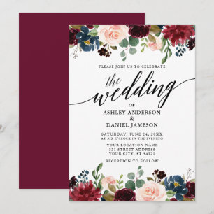 Moderne kalligrafie Burgundy Blue Floral Wedding Kaart