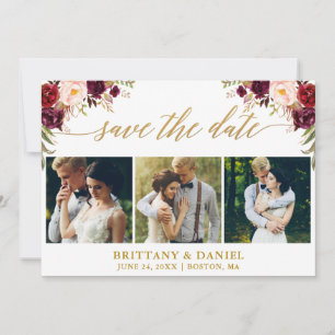 Moderne kalligrafie Burgundy Floral 3 Foto Gold Save The Date