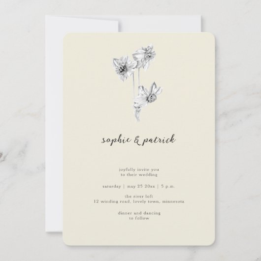 Moderne kalligrafie Daffodil Minimal Spring Weddin Kaart (Voorkant)