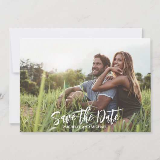 Moderne kalligrafie Eenvoudige foto Trendy QR-code Save The Date (Voorkant)