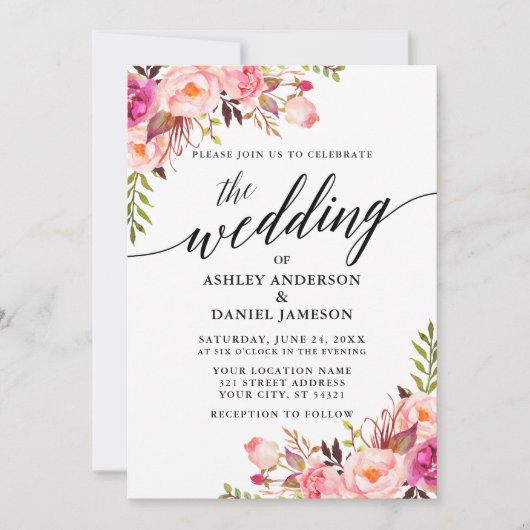 Moderne kalligrafie Floral Pink Blush Wedding Kaart (Voorkant)