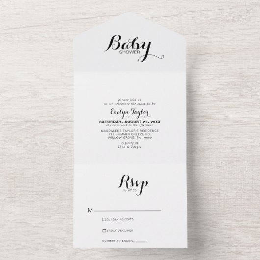 Moderne kalligrafie Formeel Baby shower All In One Uitnodiging (Binnen)