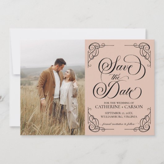 Moderne kalligrafie foto Beige Save The Date (Voorkant)