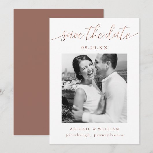 Moderne kalligrafie Foto Terracotta Wedding Save The Date (Voorkant / Achterkant)