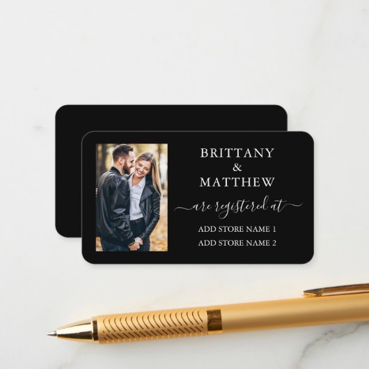 Moderne kalligrafie Fotoweddenschap Black Informatiekaartje (Voorkant / Achterkant in situ)