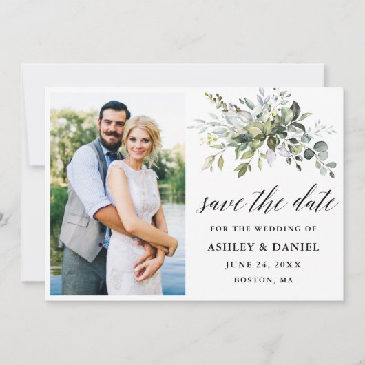 Moderne kalligrafie Greenery Couple Foto Save The Date (Voorkant)