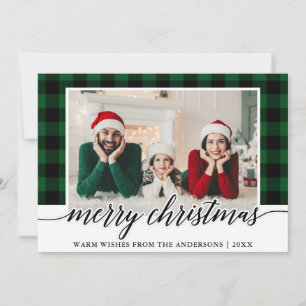 Moderne kalligrafie Groen geruite foto Kerstmis Feestdagenkaart