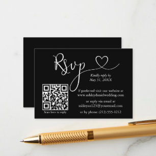 Moderne kalligrafie Hart Wedding QR RSVP Black Informatiekaartje
