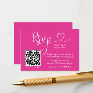 Moderne kalligrafie Hart Wedding QR RSVP Hot Pink Informatiekaartje
