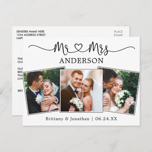 Moderne kalligrafie Hartelijk 3 Foto bruiloft Hart Briefkaart (Voorkant / Achterkant)