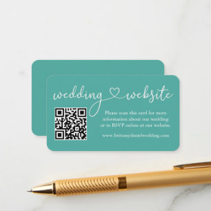 Moderne kalligrafie Heart Wedding Website QR Blauw Informatiekaartje