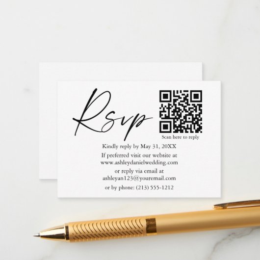Moderne kalligrafie-inktscript QR Weddenschap RSVP Informatiekaartje (Voorkant / Achterkant in situ)